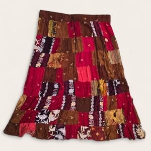 Boho Chic Patwork Style Brown And Pink Maxi Skirt Large